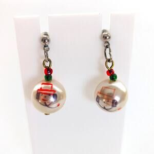 Vintage Estate Whimsy Hand Painted Snowman Christmas Decor Ball Post Earrings